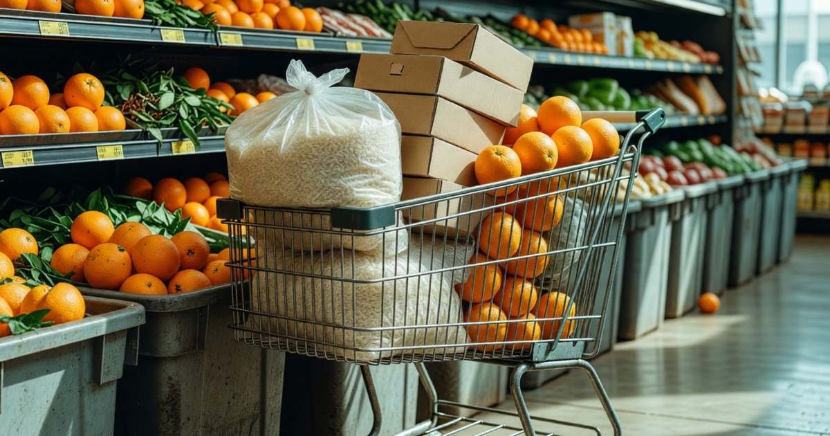 A cart of groceries left beside the produce bins in a discount grocery aisle, illustrating price matching at No Frills.