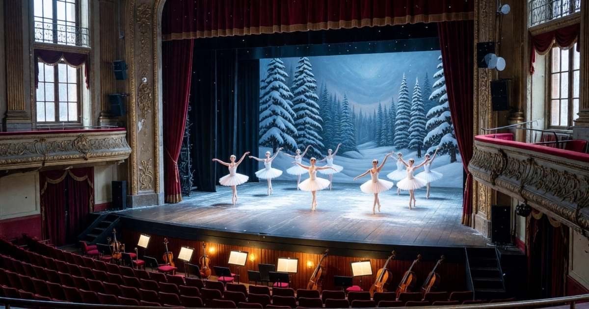 A ballet stage in a historic theatre with dancers in a snow-scene ballet performance under blue and white light, illustrating cheaper tickets for The Nutcracker and holiday concerts in Canada.