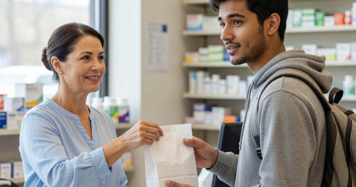 A pharmacist handing a prescription bag to a university student, illustrating OHIP+ free prescriptions for Ontarians 24 and under.