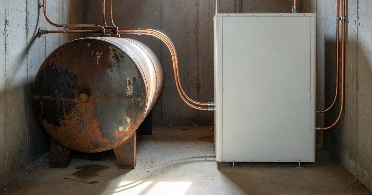 An old oil tank in a basement beside a newly installed heat pump air handler, illustrating the Oil to Heat Pump Affordability program in 2026.