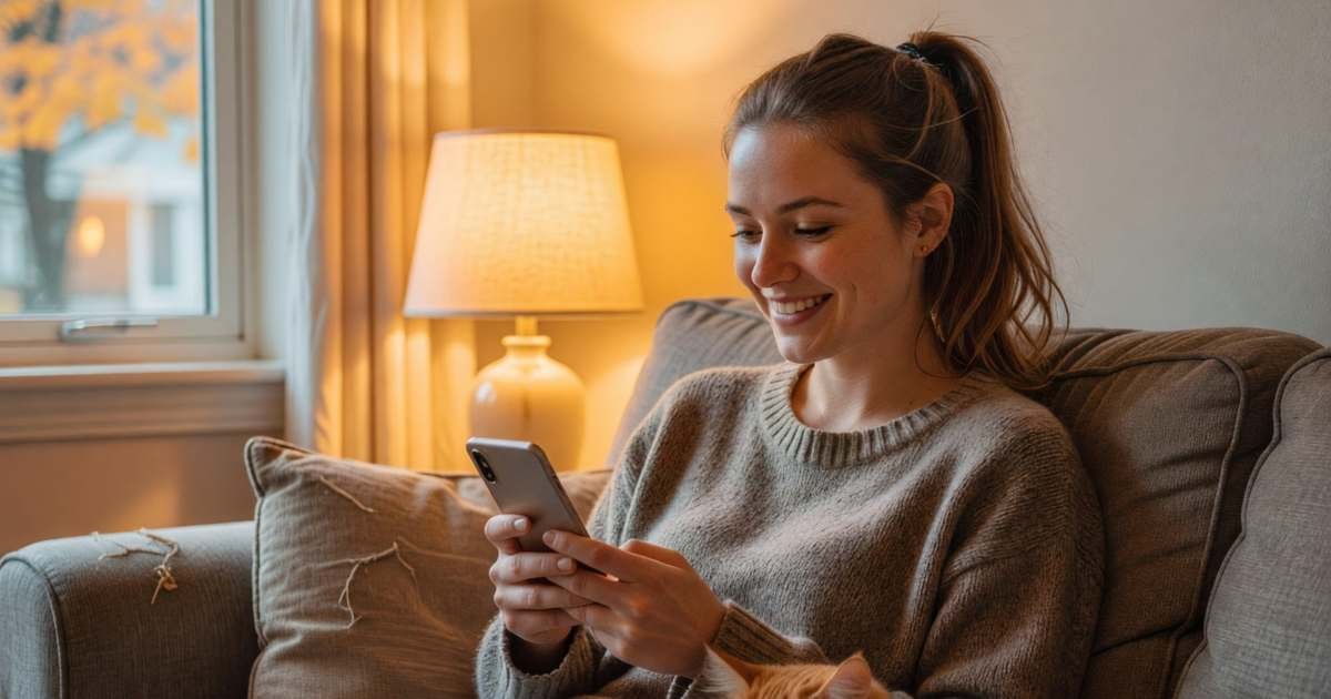 A young woman on a sofa with her cat, paying a bill on her phone and smiling, illustrating on-time payment habits that protect Canadian credit scores.