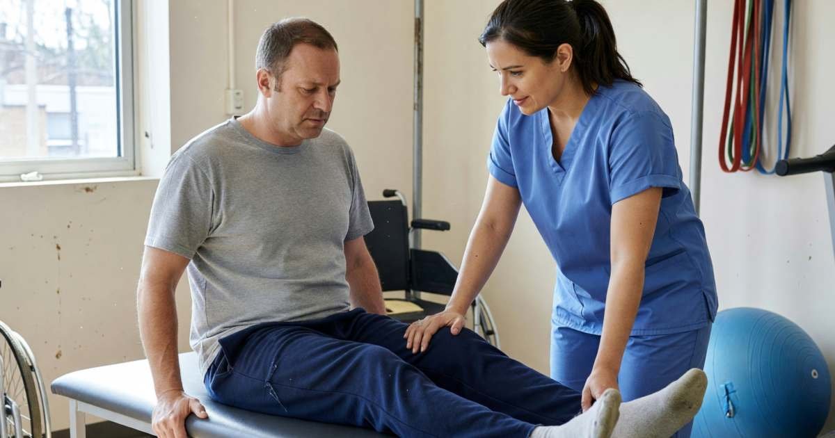 A man doing physiotherapy exercises with a therapist after a car accident, illustrating Ontario accident benefits coverage choices.