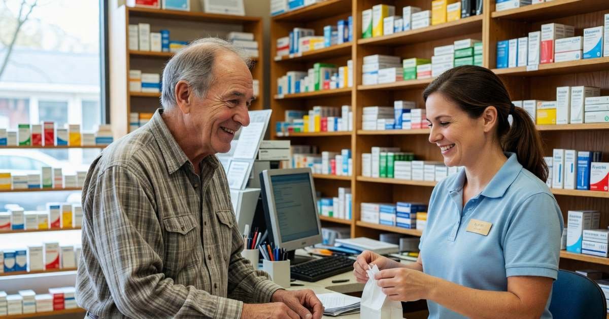 A senior man picking up his prescription at a pharmacy counter, smiling at the pharmacist, illustrating the Ontario Drug Benefit at 65.