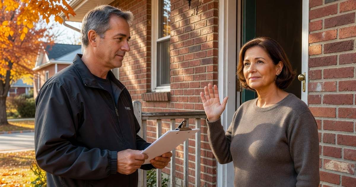 A door-to-door energy salesman on a front porch with a homeowner politely declining with a raised hand, illustrating Ontario energy retailer contracts versus regulated rates.