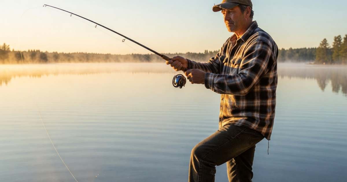 A man casting a fishing line from a dock on a calm lake at sunrise, illustrating Ontario fishing licence costs.
