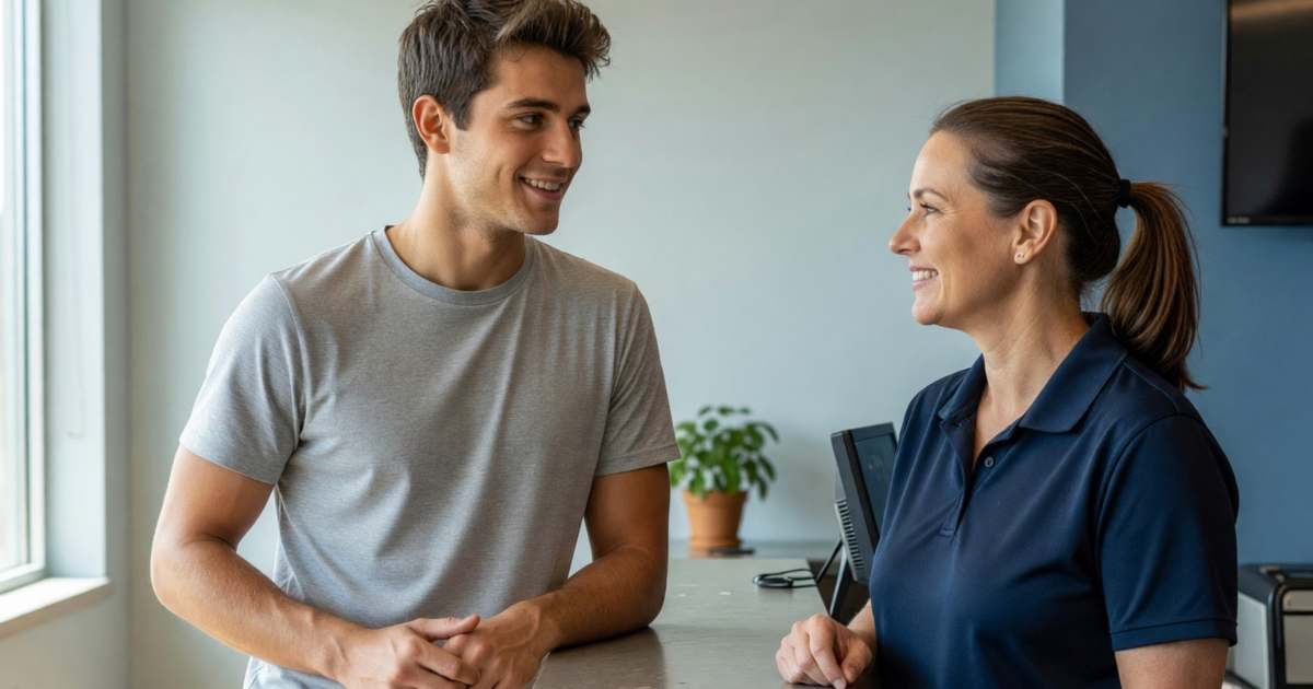 A young man at a gym front desk talking politely with a staff member, illustrating Ontario gym cooling-off rights to cancel within 10 days.