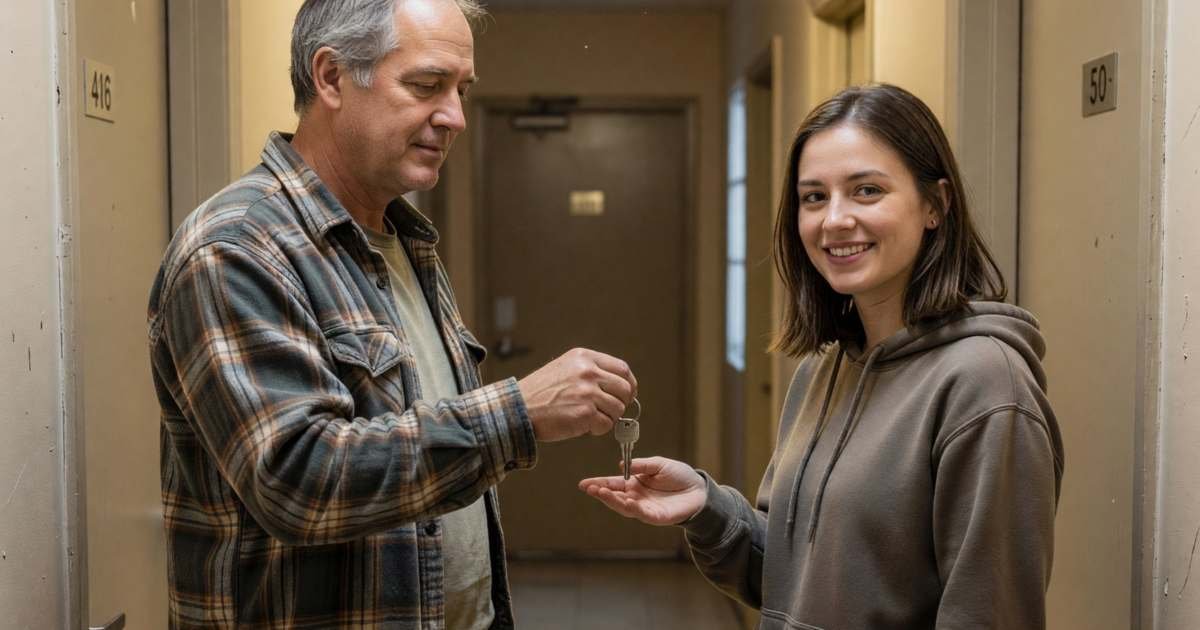 A tenant handing over apartment keys to a smiling young woman in a building hallway, illustrating Ontario lease assignment as an alternative to breaking a lease.