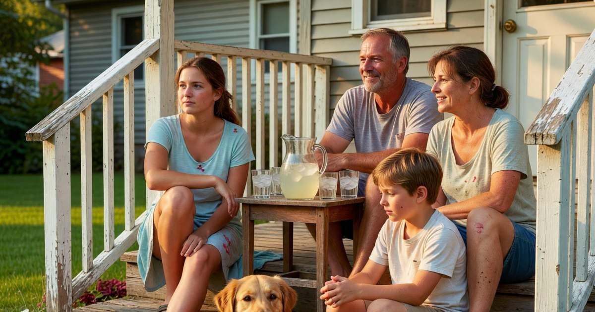 A family sitting together on the front porch on a hot summer evening instead of running the air conditioner, illustrating Ontario Peak Perks events and credits.