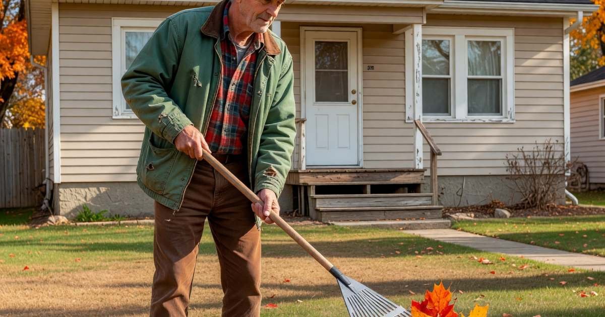 An older homeowner raking leaves on the front lawn of his detached house, illustrating Ontario property tax relief and credits for homeowners.