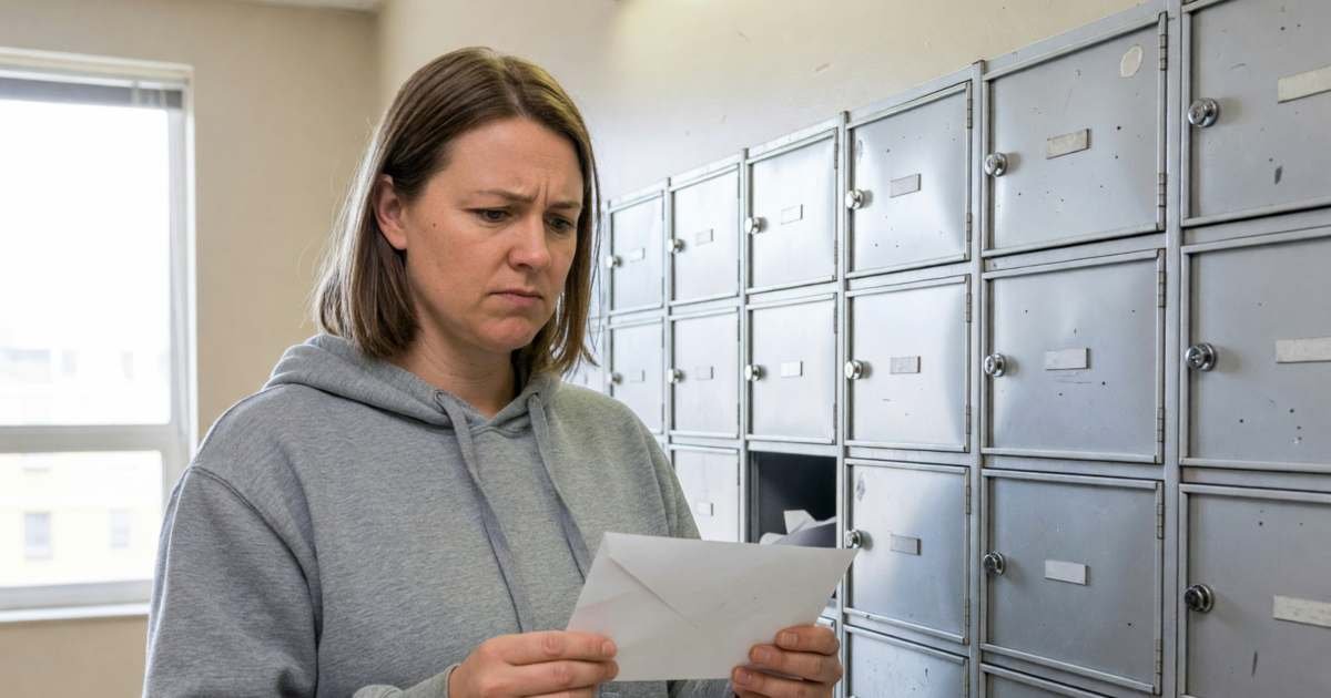 A woman opening her apartment mailbox in a building lobby and looking at a plain envelope with a frown, illustrating checking an Ontario rent increase notice against the 2026 guideline.