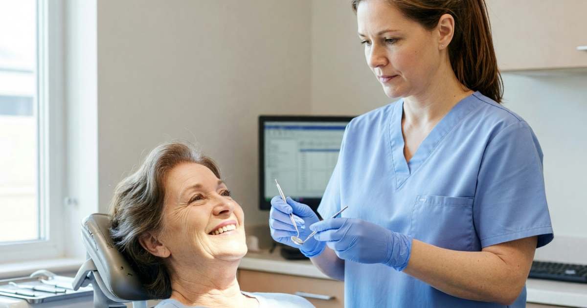 A smiling woman in her seventies at a dental check-up, the hygienist beside her, illustrating Ontario Seniors Dental Care Program versus the CDCP.