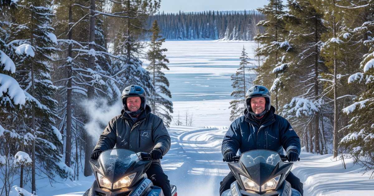 Two snowmobilers in helmets with visors up riding along a groomed trail through a snowy forest, illustrating Ontario snowmobile trail permits for 2027.