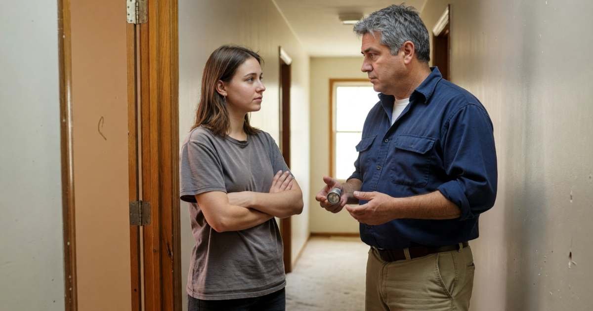 A young female tenant talking to a building superintendent at her apartment door, arms crossed and calm, illustrating legal and illegal tenant fees in Ontario.