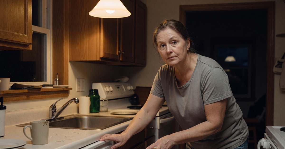 A woman starting the dishwasher late at night in a dark kitchen lit by a single pendant lamp, illustrating Ontario time-of-use, tiered and ultra-low overnight electricity plans.