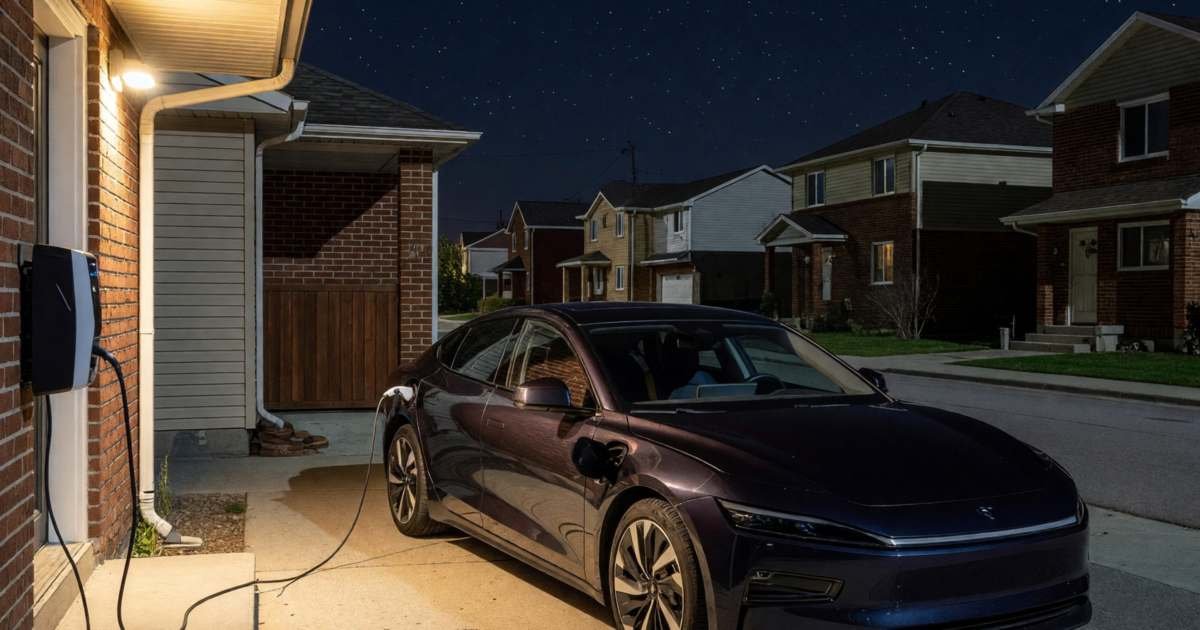 An electric car charging in a home driveway at night under a porch light, illustrating the ultra-low overnight plan for home EV charging in Ontario.
