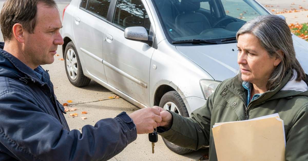 Two people standing beside a used hatchback in a driveway, the seller handing over car keys, illustrating Ontario's Used Vehicle Information Package for private sales.