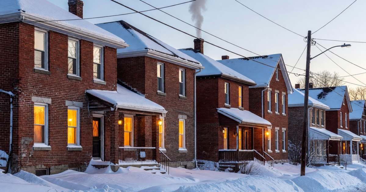 A row of older brick houses on a snowy street at dusk, warm lights glowing in every window and smoke rising from a chimney, illustrating Ontario's winter utility disconnection ban.