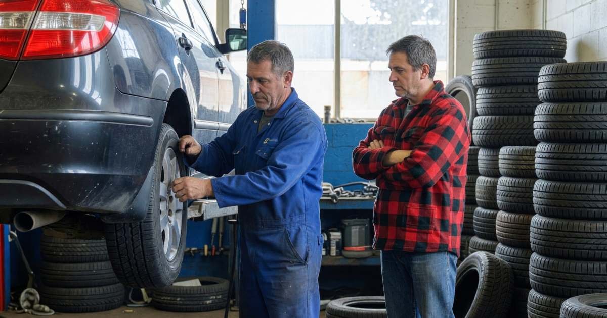 A mechanic in a tire shop mounting a winter tire on a car lifted on a hoist while the owner looks on, illustrating claiming Ontario's winter tire insurance discount.