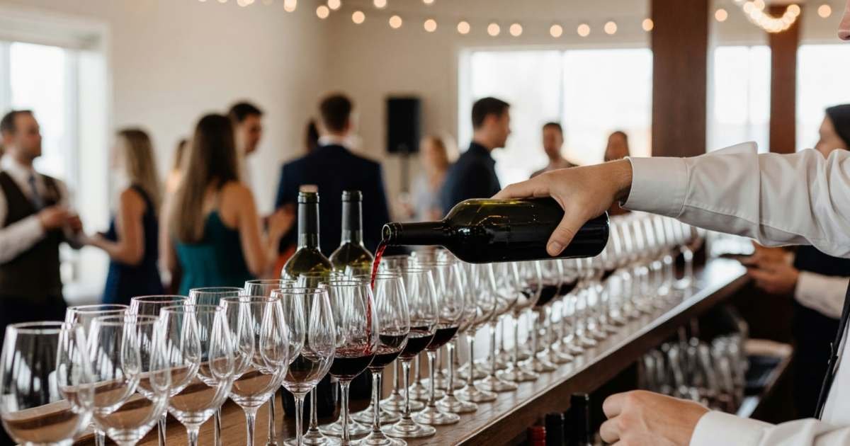 A wedding reception bar seen from the side with long rows of clean wine glasses and a bartender in a white shirt pouring red wine from a dark unlabeled bottle, illustrating open bar versus cash bar versus limited bar.