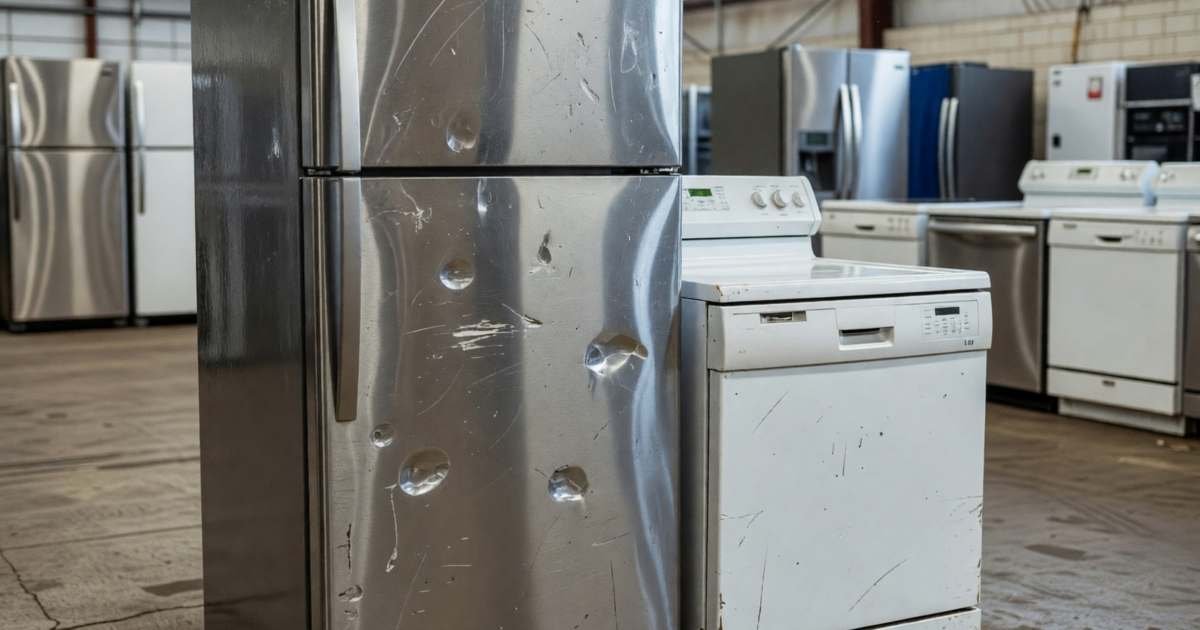A dented stainless refrigerator and a scuffed dishwasher in a scratch-and-dent appliance warehouse, illustrating scratch-and-dent and open-box appliances.