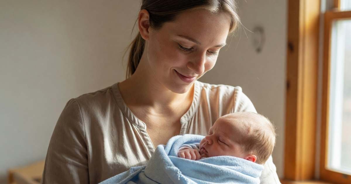A young mother holding her newborn baby by a sunny window, gently smiling down at the baby, illustrating opening an RESP and claiming the Canada Learning Bond.