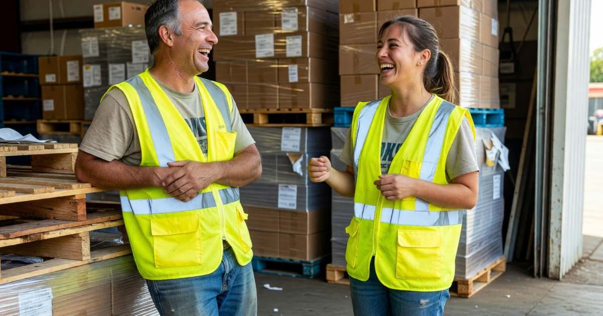A warehouse worker in a high-visibility vest chatting with a coworker during a break, both laughing, illustrating optimizing payroll deductions in Canada.