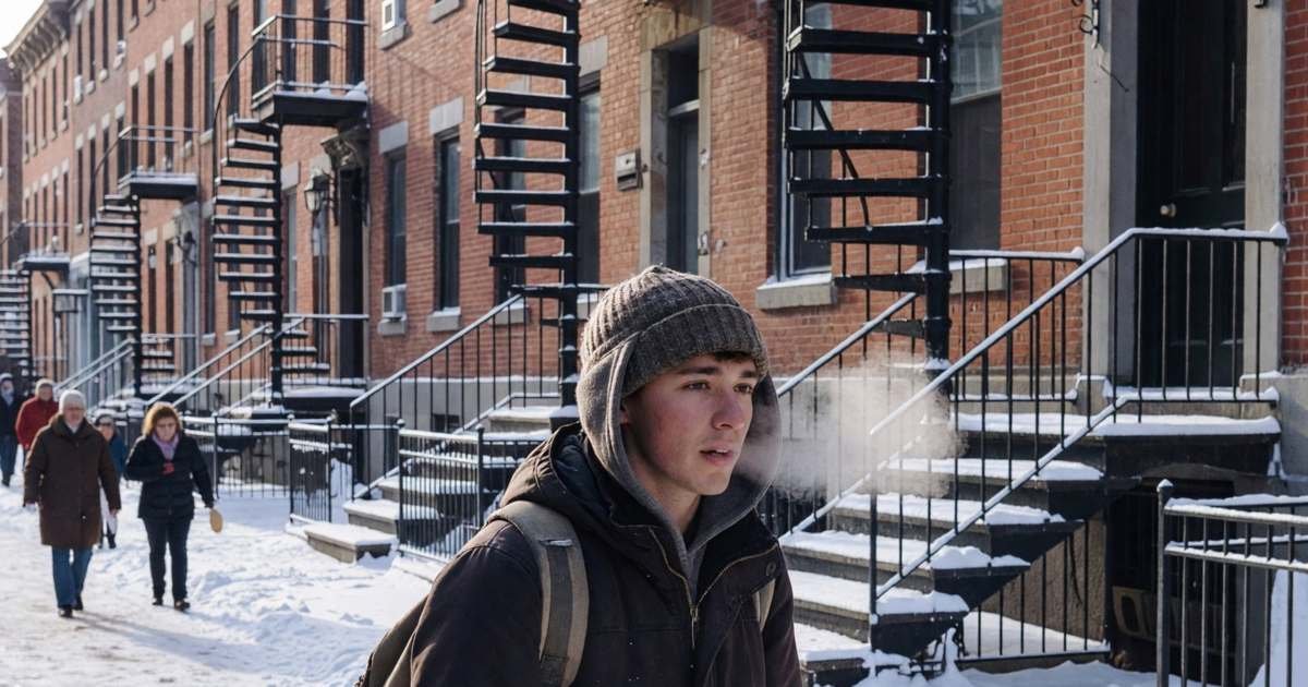 A young man in a toque walking down a snowy residential street with exterior spiral staircases, heading to the metro, illustrating choosing the right Opus fare product in Montréal.