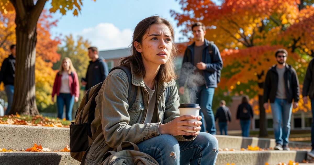 An Ontario college student sitting on campus steps with a coffee, looking thoughtful, illustrating OSAP in 2026-27 and the grant cap.