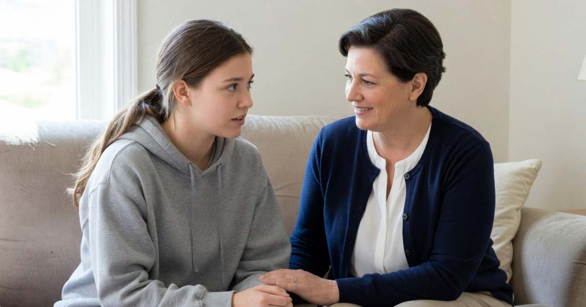 A high school senior and her mother sitting on a sofa discussing college choices, illustrating applying to Ontario universities and colleges for fall 2027.