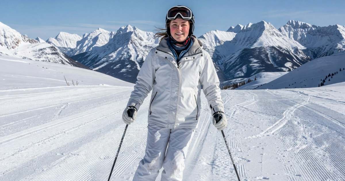 A young woman skiing down a groomed run, out of province on a winter trip, illustrating out-of-province medical insurance inside Canada.