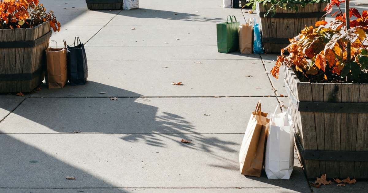 An open-air outlet mall walkway with shoppers carrying bags, illustrating whether outlet malls are worth it.