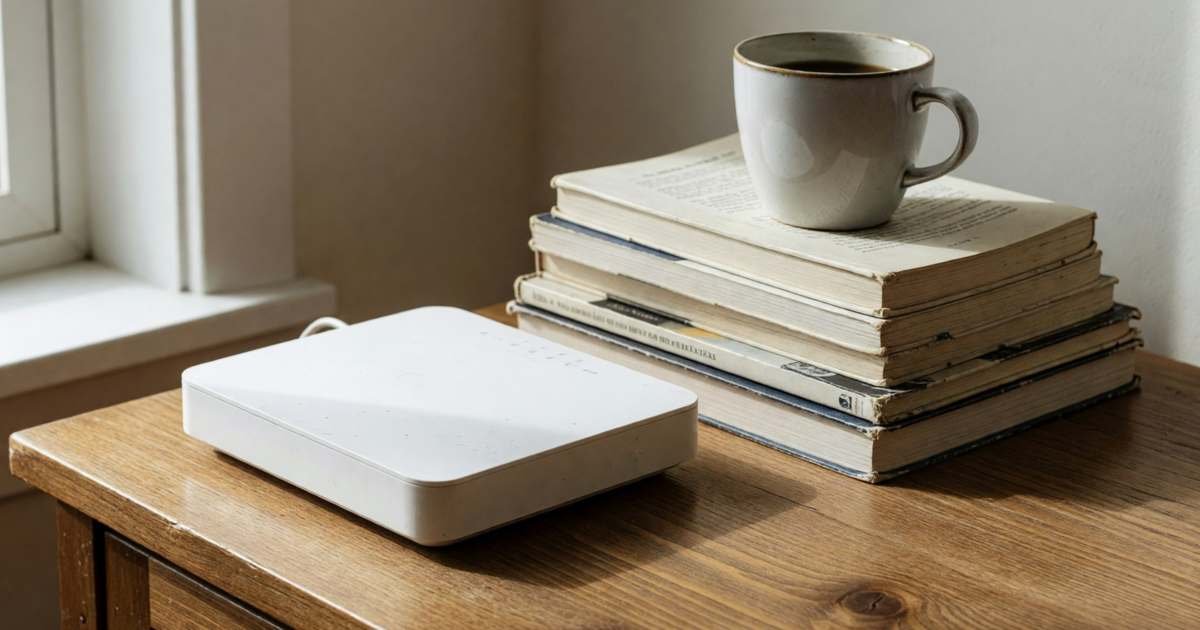 A plain white router beside a stack of books and a coffee cup on a wooden sideboard, illustrating Oxio internet flat rates and free router.