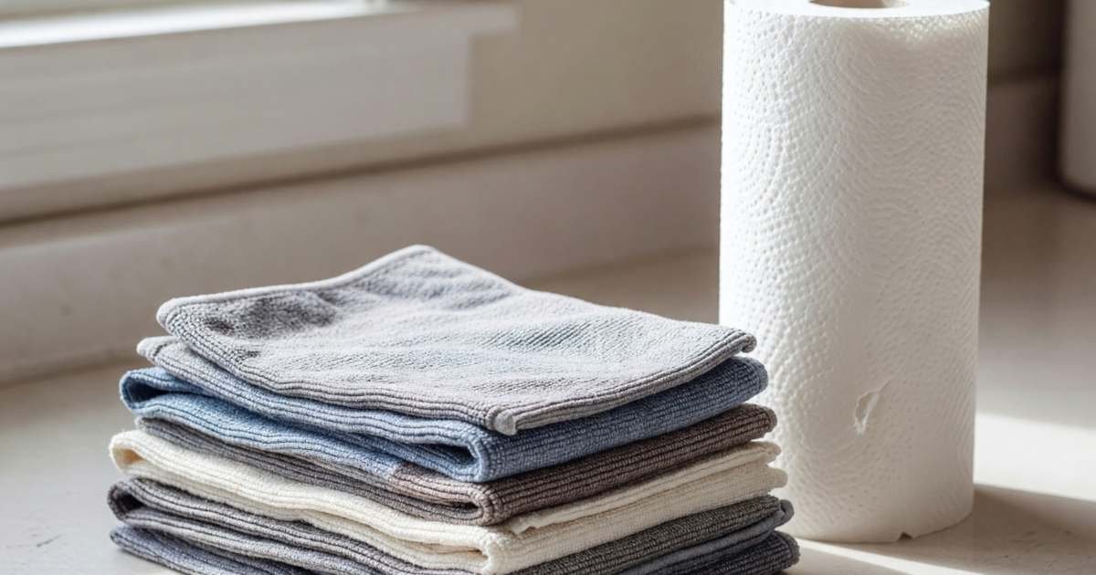 A stack of folded microfibre cloths beside a single roll of paper towel on a kitchen counter, illustrating paper towels versus reusable cloths cost per year.