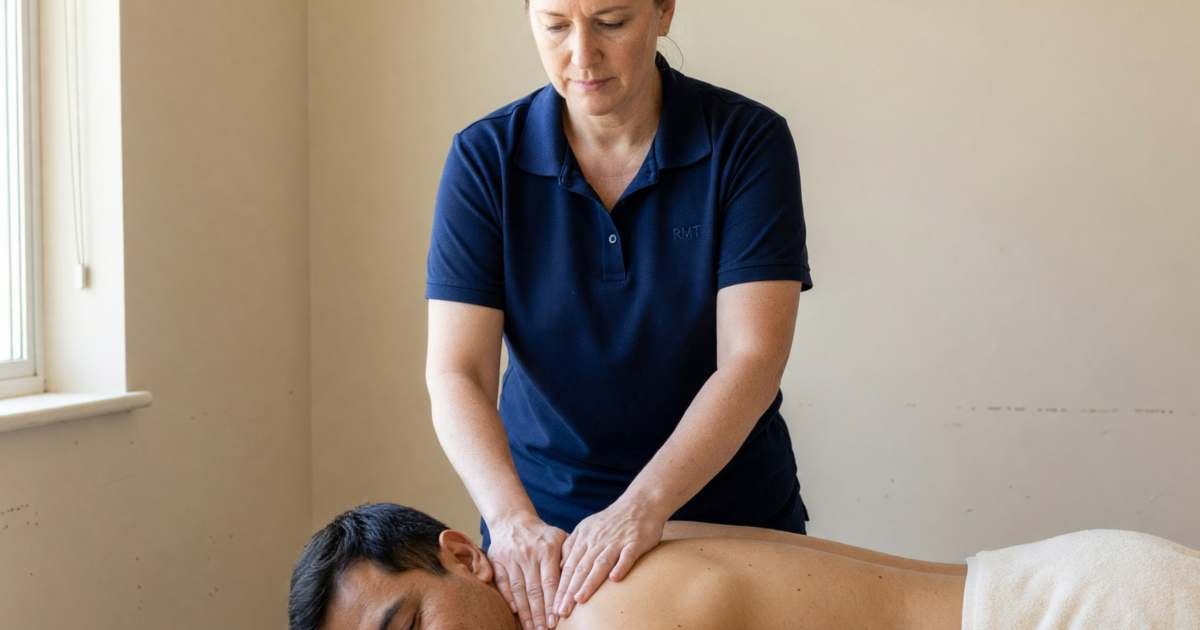 A registered massage therapist working on a man's shoulders on a treatment table, illustrating using paramedical benefits for massage, physio and chiro.