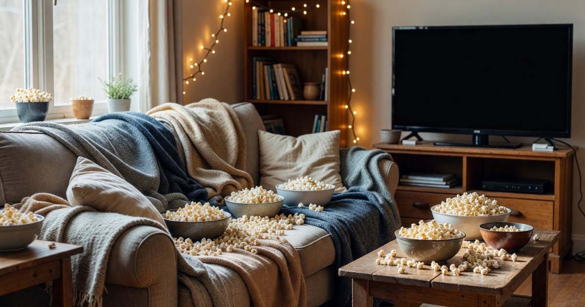 A cosy living room set up for a movie night with popcorn bowls and blankets on the sofa, illustrating Paramount+ and Apple TV+ for a month, not a year.