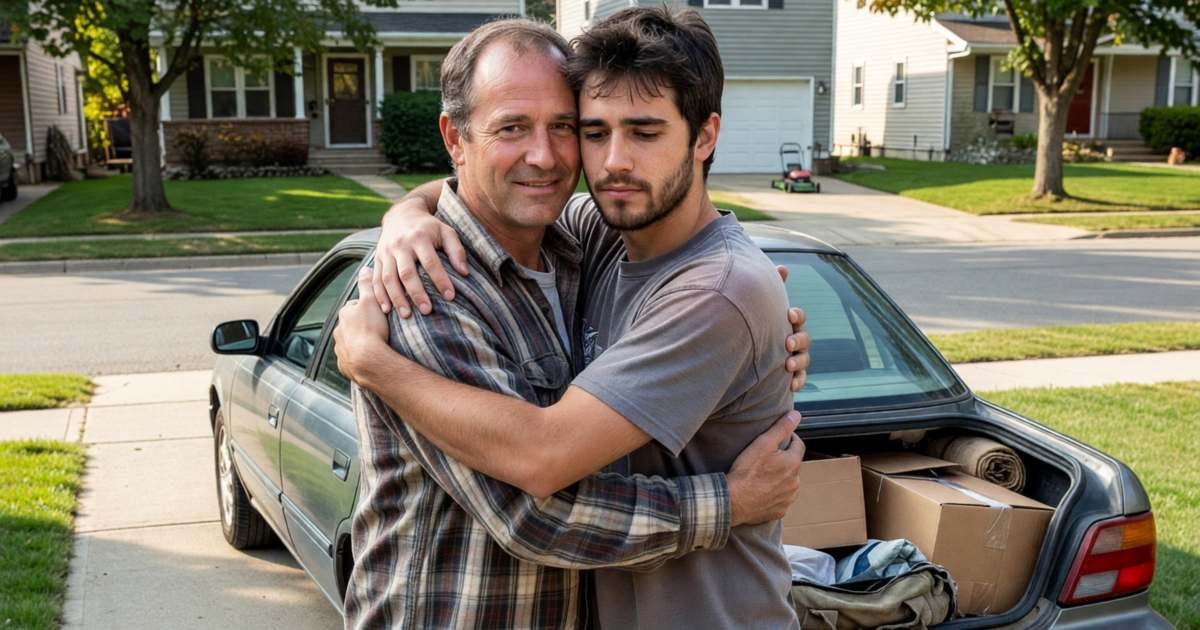 A father hugging his adult son goodbye beside a car packed for university, illustrating paying for an adult child's university.