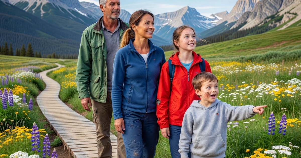 A family hiking on a boardwalk trail through a mountain meadow, illustrating whether a Parks Canada Discovery Pass is worth it.