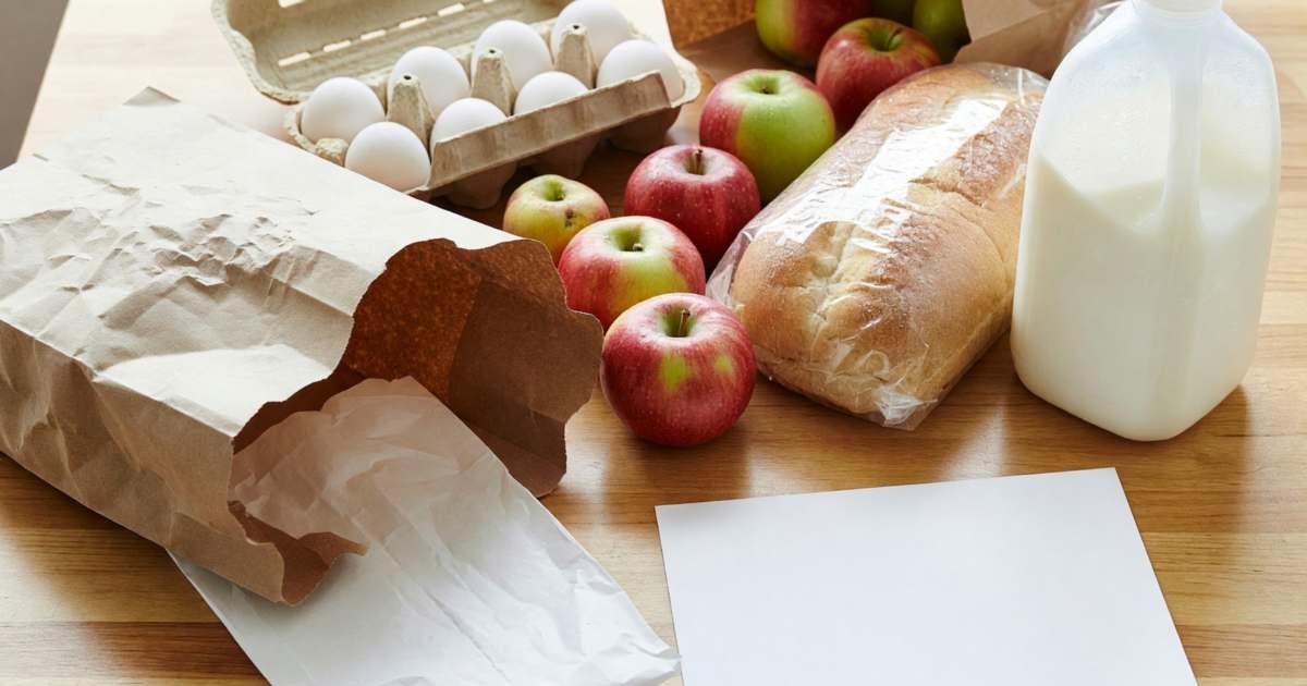 A kitchen table with grocery bags just unpacked: a carton of eggs, apples, a loaf of bread and a jug of milk, illustrating paying for groceries in Canada for maximum rewards.