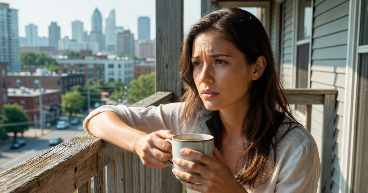 A woman in her late twenties sitting on her apartment balcony with a coffee, looking thoughtful as she weighs a decision, illustrating paying off debt vs contributing to a TFSA in Canada.