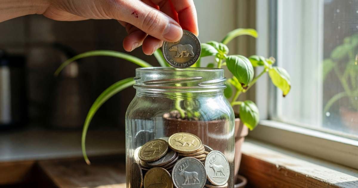 Close-up of a hand dropping a toonie into a glass jar half full of Canadian coins on a windowsill, illustrating paying yourself first and automating savings in Canada.