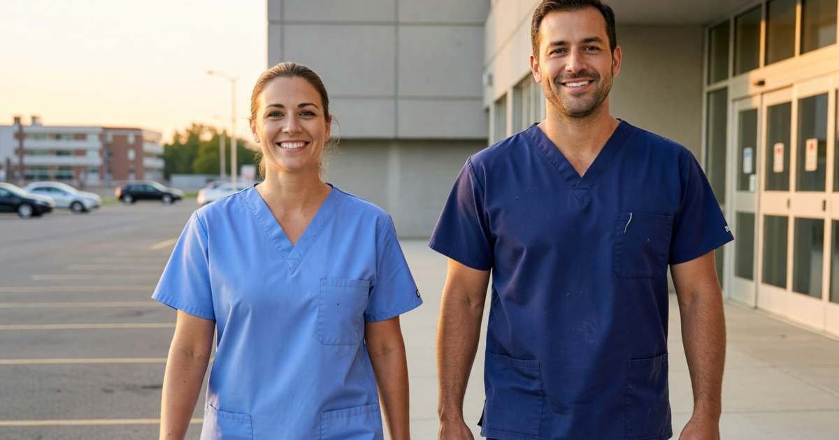 A nurse in scrubs walking out of a hospital at the end of a shift, smiling with a coworker, illustrating payroll RRSP deductions vs personal contributions in Canada.