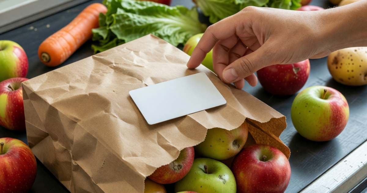 Close-up of a blank plain credit card resting on top of a grocery receipt-free bag of apples on a checkout counter, a hand reaching for it, illustrating whether a PC Financial Mastercard is worth it for No Frills and Superstore shoppers.