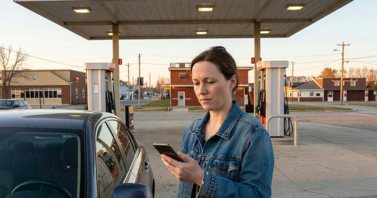 A woman pumping gas at a quiet station early in the evening, glancing at her phone, illustrating PC Optimum points at Esso and Mobil gas stations.