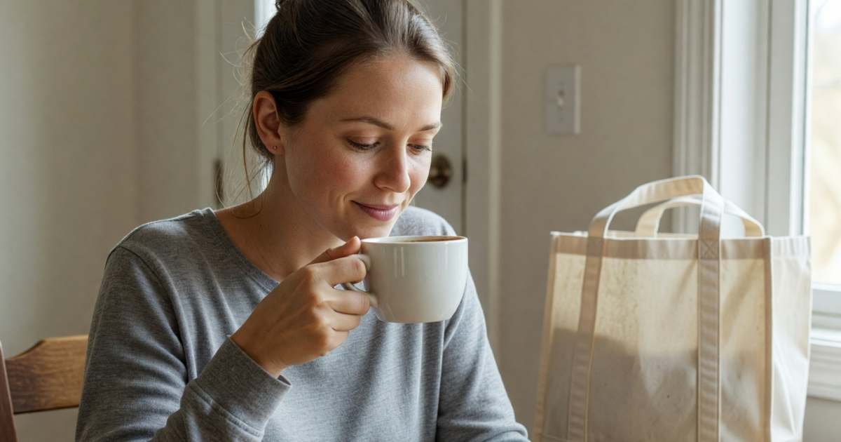 A woman drinking her morning coffee at a kitchen table while tapping on her phone, illustrating a five-minute PC Optimum offer-loading habit.