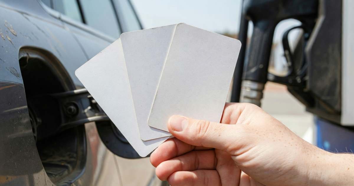 A hand holding three plain blank loyalty cards fanned out beside a car's fuel door, illustrating comparing PC Optimum, Petro-Points and Scene+ at the pump.