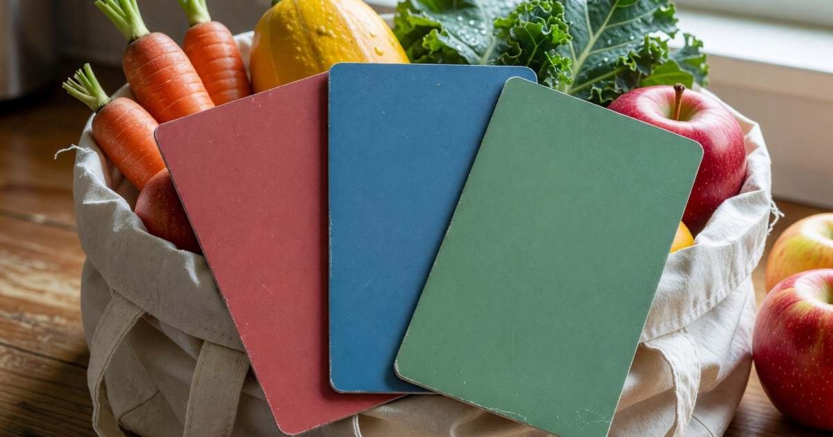 Three plain loyalty cards in different colours fanned out on top of a reusable grocery bag full of produce, illustrating PC Optimum vs Scene+ vs Moi.