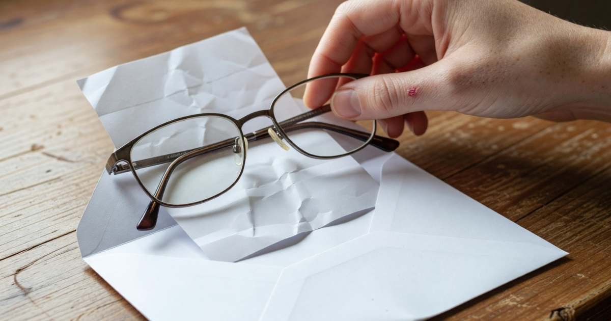 A hand placing a pair of prescription eyeglasses and a plain receipt into an envelope, illustrating personal care items you can claim as medical expenses.