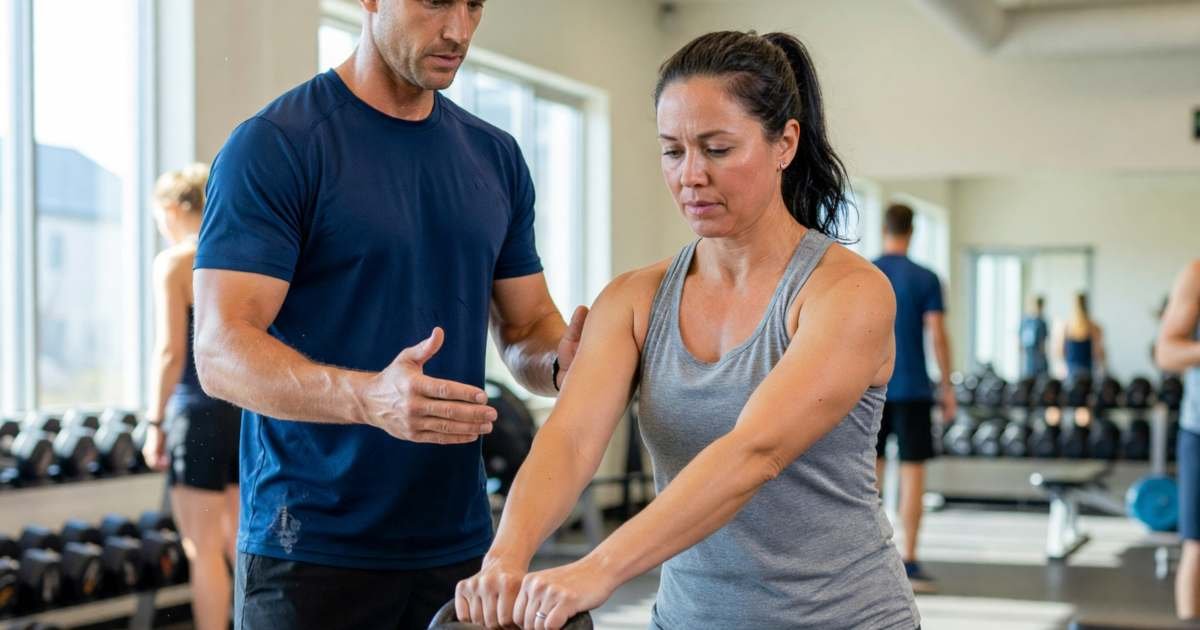 A personal trainer guiding a woman through a kettlebell exercise at a community fitness centre, illustrating personal trainer costs in Canada.
