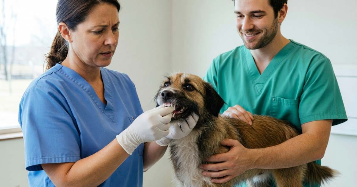 A vet looking at a dog's teeth while a vet tech gently holds the dog, illustrating pet dental costs in Canada.