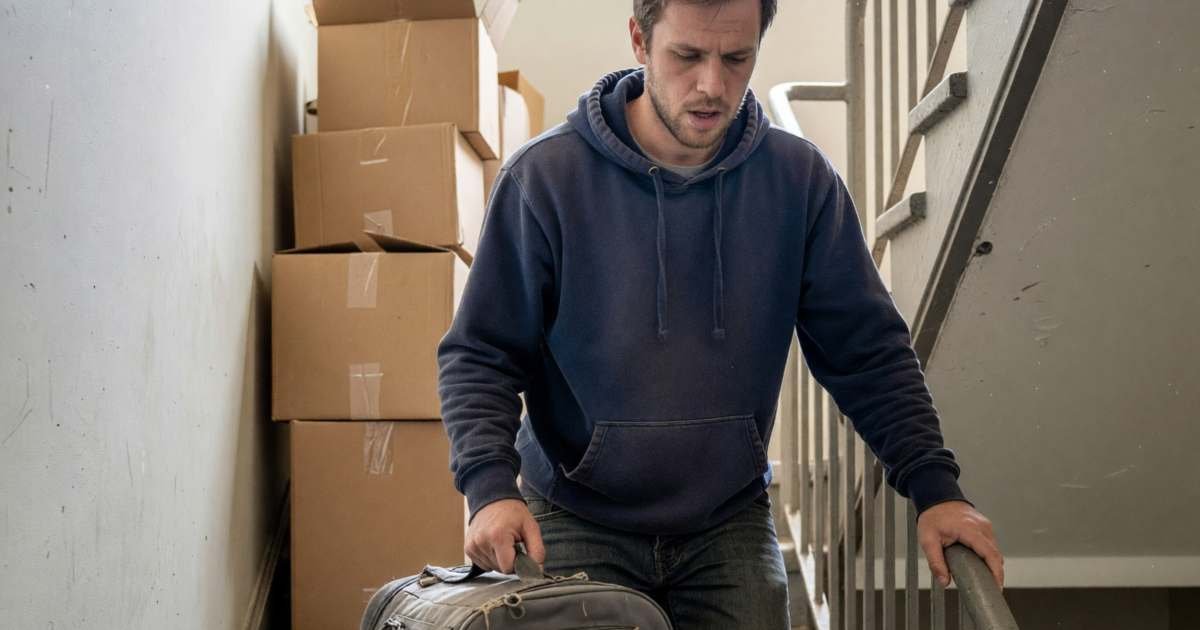 A young man carrying his cat in a carrier up the stairs of an apartment building on moving day, illustrating pet deposits and pet fees across Canada.